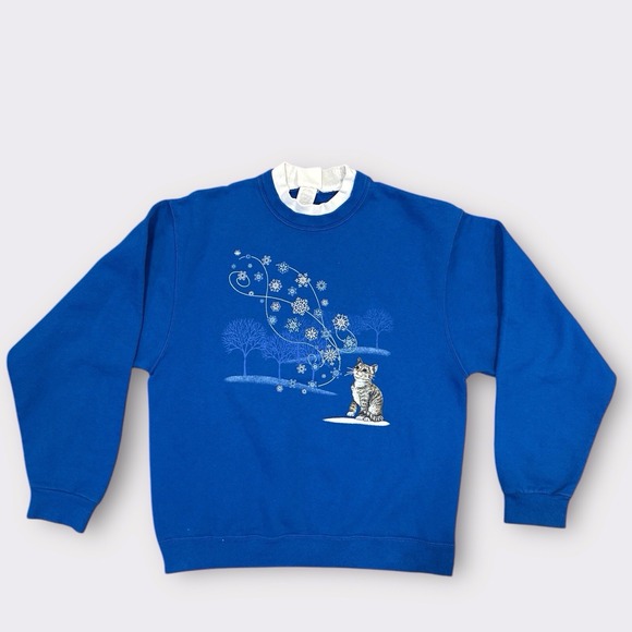 Vintage Blue Cat Snowflake Sweatshirt Medium Winter Kitten Graphic Pullover 90's - Picture 8 of 8